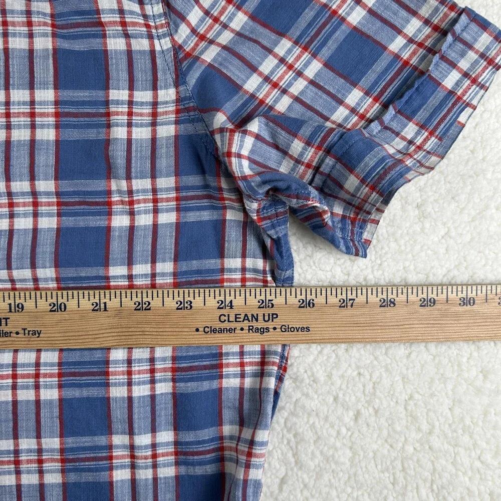 True Religion Shirt Mens 2XL Blue Plaid Short Sleeve Western Snap Casual